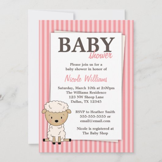 Girl Lamb Baby shower Pink Stripe Kaart (Voorkant)