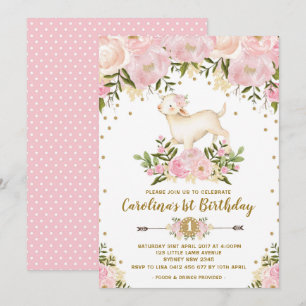 Girl Lamb Birthday Invitation Pink Floral Boerderi Kaart