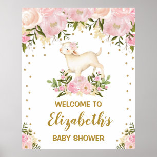 Girl Lamb Sheep Pink Blush Floral Baby shower Poster