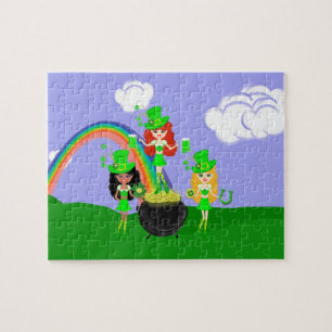 Girl Leprechauns Rainbow en Pot of Gold Legpuzzel