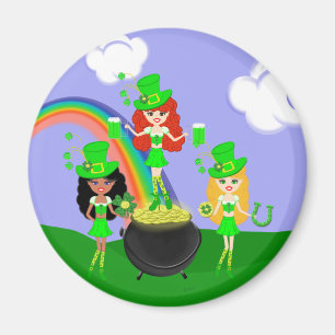 Girl Leprechauns Rainbow en Pot of Gold Magneet