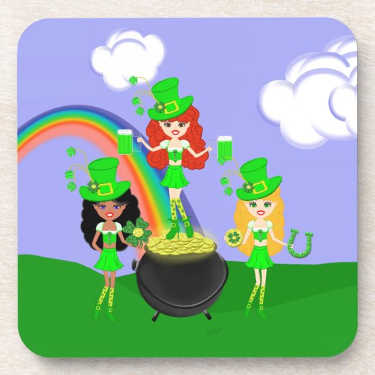 Girl Leprechauns Rainbow en Pot of Gold Onderzetter (Voorkant)
