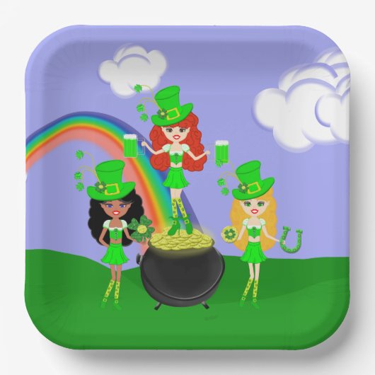 Girl Leprechauns Rainbow en Pot of Gold Papieren Bordje (Voorkant)