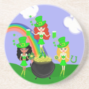 Girl Leprechauns Rainbow en Pot of Gold Zandsteen Onderzetter
