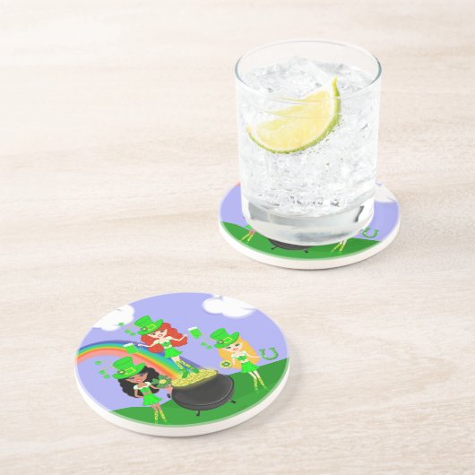 Girl Leprechauns Rainbow en Pot of Gold Zandsteen Onderzetter (Zijkant)