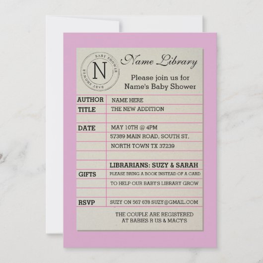 Girl Library Card Baby shower Pink Uitnodiging (Voorkant)