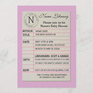 Girl Library Card Baby shower Pink Uitnodiging