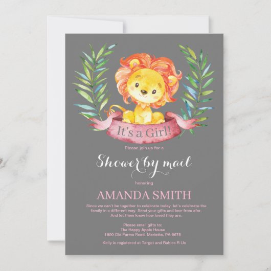 Girl Lion Baby shower by Mail Invitation Kaart (Voorkant)