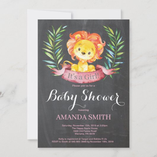 Girl Lion Baby shower Invitation Chalkboard Kaart (Voorkant)