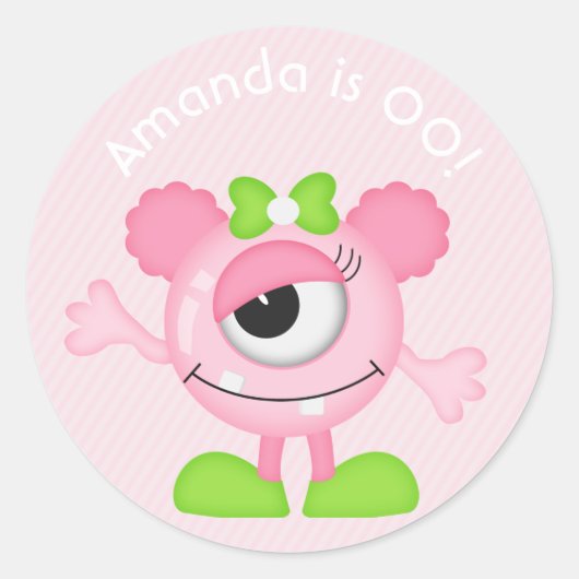 Girl Little Monster met de titel Birthday Party Ronde Sticker (Voorkant)