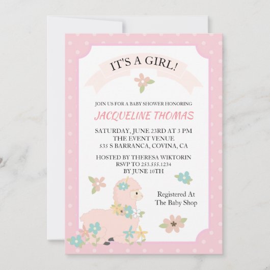 Girl Llama Baby shower Uitnodiging (Voorkant)