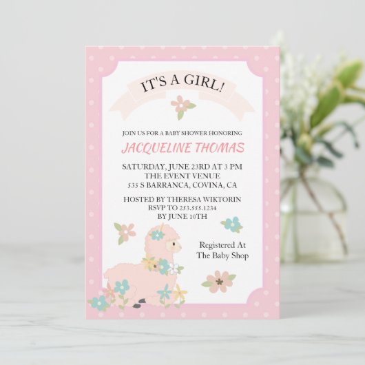 Girl Llama Baby shower Uitnodiging (Staand voorkant)