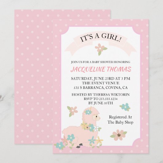 Girl Llama Baby shower Uitnodiging (Voorkant / Achterkant)