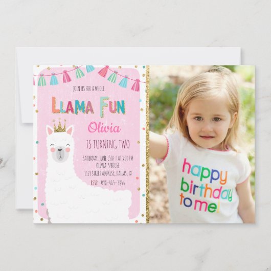 Girl Llama Birthday Invitation Kaart (Voorkant)