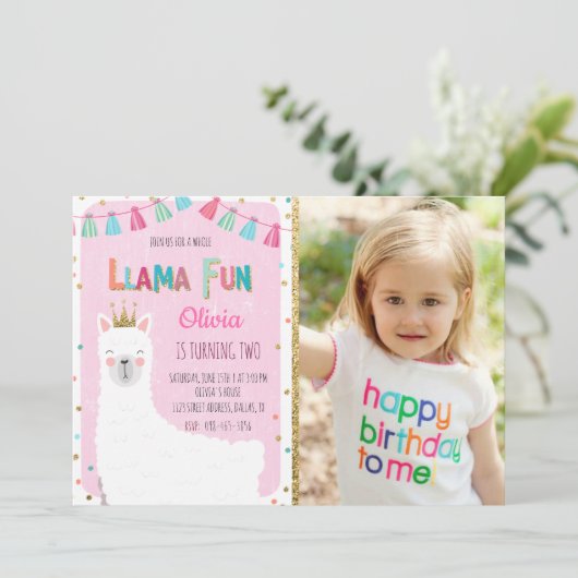 Girl Llama Birthday Invitation Kaart (Staand voorkant)