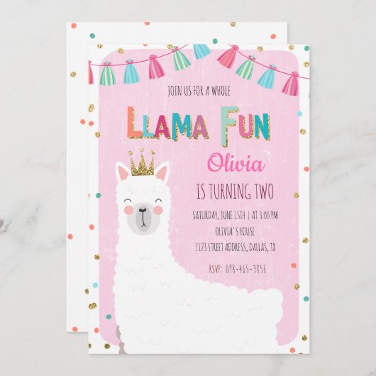Girl Llama Birthday Invitation Kaart (Voorkant / Achterkant)