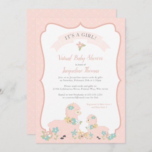 Girl Llama Pink Baby shower Uitnodiging (Voorkant / Achterkant)