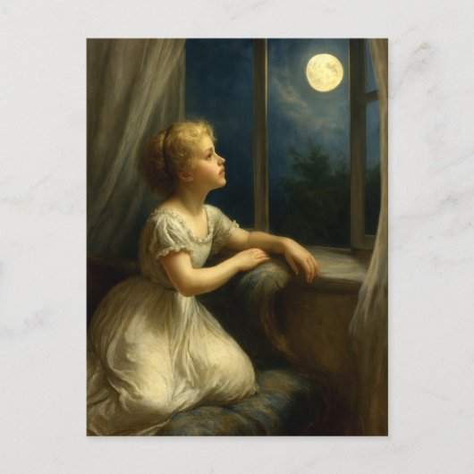 Girl Looking At A Full Moon Through Window Briefkaart (Voorkant)