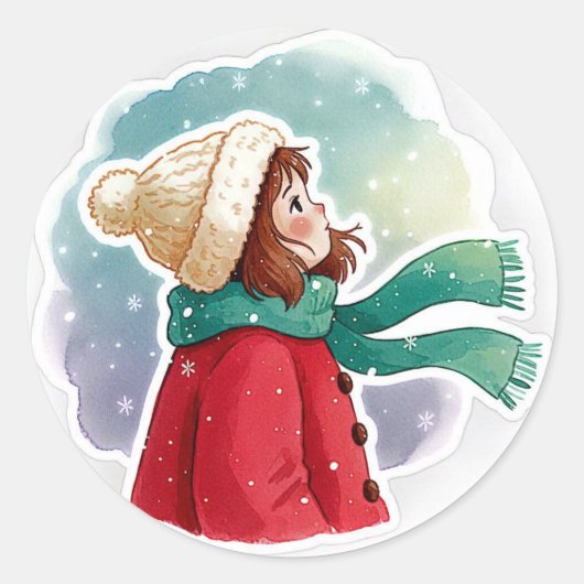 girl looking at the snow ronde sticker (Voorkant)