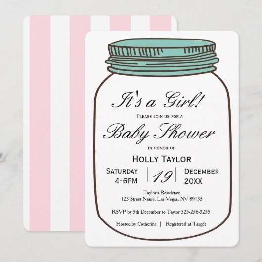 Girl Mason Jar Baby shower Invitation Kaart (Voorkant / Achterkant)