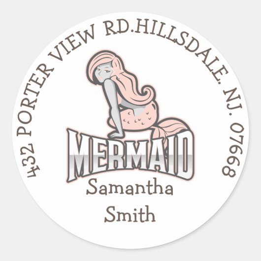 Girl MERMAID Party ADDRESS Classic Round Sticker (Voorkant)