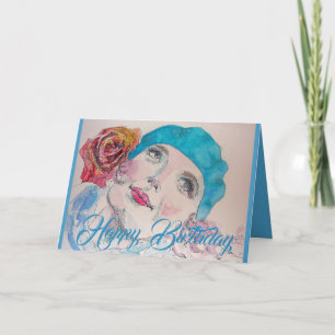 Girl met Red Rose Beret Waterverf Birthday Card Kaart