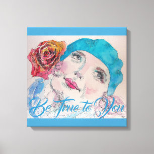 Girl met Red Rose Beret Waterverf Canvas Afdrukken