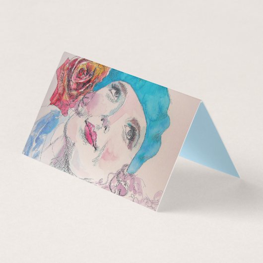 Girl met Red Rose Beret Waterverf Card Set Kaart (Voorkant)