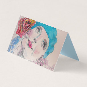 Girl met Red Rose Beret Waterverf Card Set Kaart