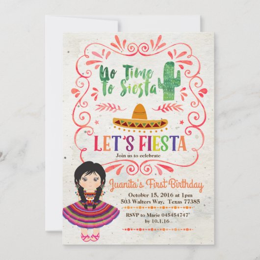 Girl Mexican Fiesta 1e verjaardag Uitnodiging (Voorkant)