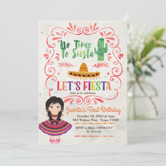 Girl Mexican Fiesta 1e verjaardag Uitnodiging (Staand voorkant)