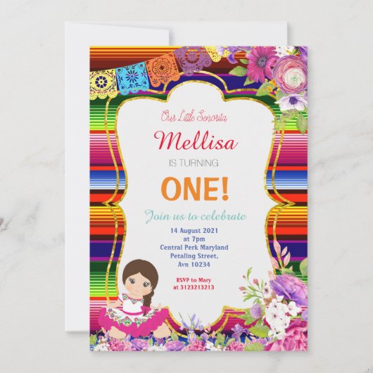 Girl Mexican Fiesta Birthday Party Invitation Kaart (Voorkant)
