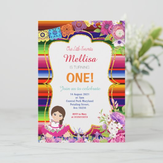 Girl Mexican Fiesta Birthday Party Invitation Kaart (Staand voorkant)