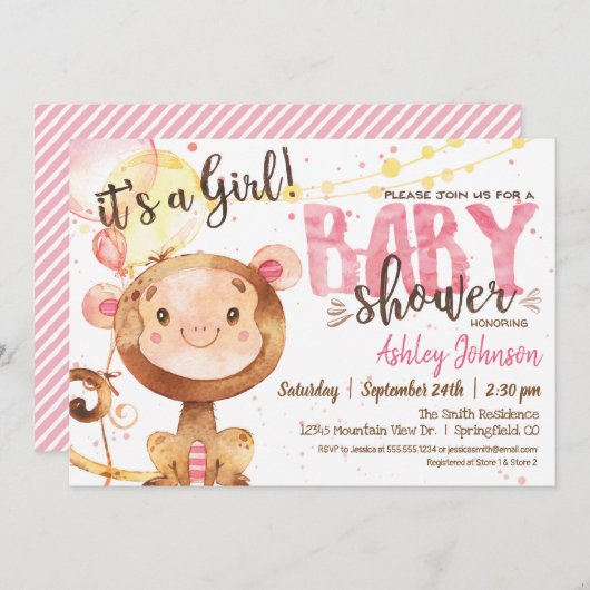 Girl Monkey Baby shower uitnodiging (Voorkant / Achterkant)