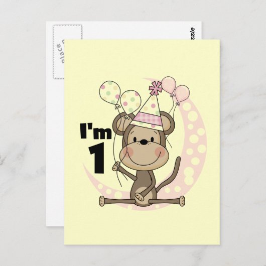 Girl Monkey in Party Pet 1e Verjaardag Briefkaart (Voorkant / Achterkant)