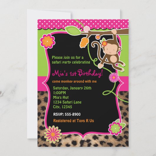 Girl Monkey Safari Chic Oerwoud Bright Invitation Kaart (Voorkant)