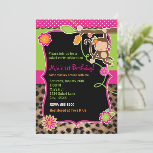 Girl Monkey Safari Chic Oerwoud Bright Invitation Kaart (Staand voorkant)