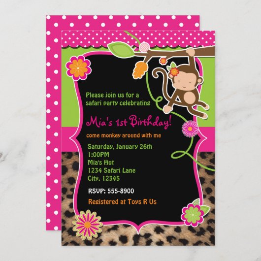 Girl Monkey Safari Chic Oerwoud Bright Invitation Kaart (Voorkant / Achterkant)