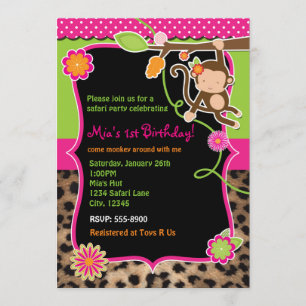 Girl Monkey Safari Chic Oerwoud Bright Invitation Kaart