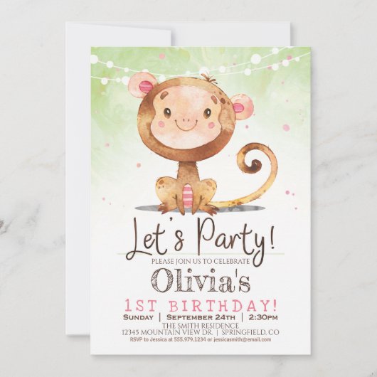 Girl Monkey Verjaardag Uitnodiging (Voorkant)