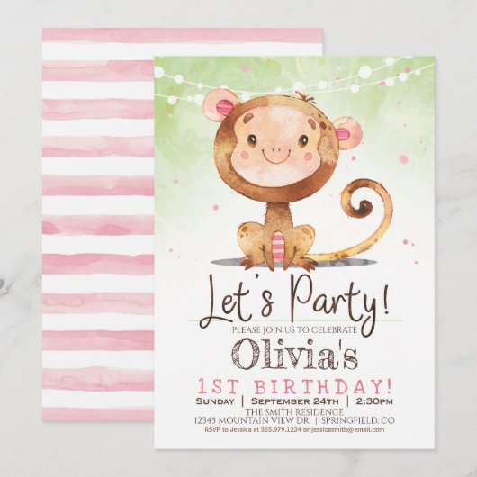 Girl Monkey Verjaardag Uitnodiging (Voorkant / Achterkant)