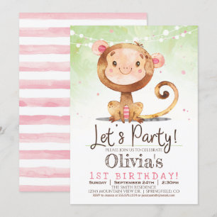 Girl Monkey Verjaardag Uitnodiging