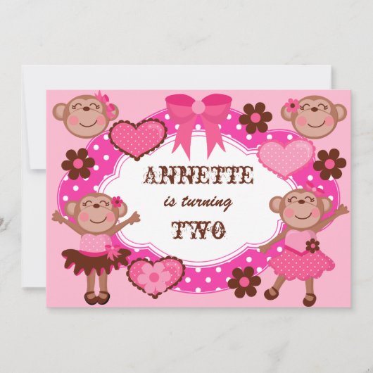 Girl Monkeys Birthday Invitations Kaart (Voorkant)