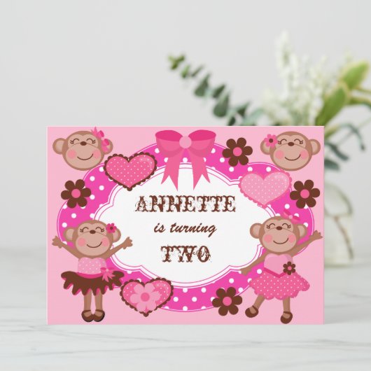 Girl Monkeys Birthday Invitations Kaart (Staand voorkant)