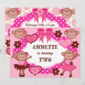 Girl Monkeys Birthday Invitations Kaart (Voorkant / Achterkant)