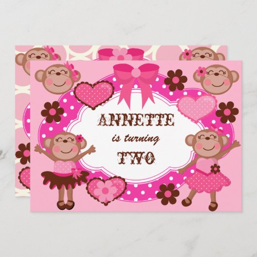 Girl Monkeys Birthday Invitations Kaart (Voorkant / Achterkant)