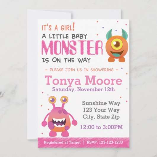 Girl Monster Baby shower Invitation Kaart (Voorkant)