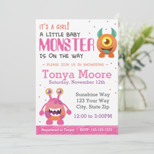 Girl Monster Baby shower Invitation Kaart (Staand voorkant)