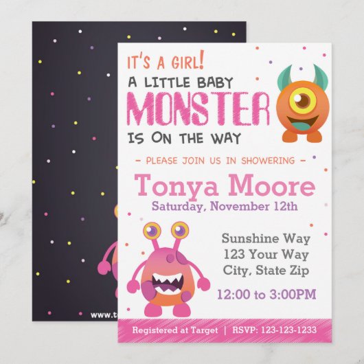 Girl Monster Baby shower Invitation Kaart (Voorkant / Achterkant)