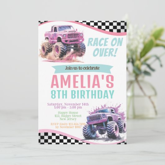 Girl Monster Trucks Verjaardag Uitnodiging. Race o Kaart (Staand voorkant)